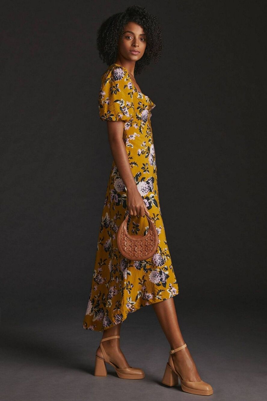 Anthropologie Maeve Puff-Sleeve Floral Midi Dress size 4 High Low Square Neck